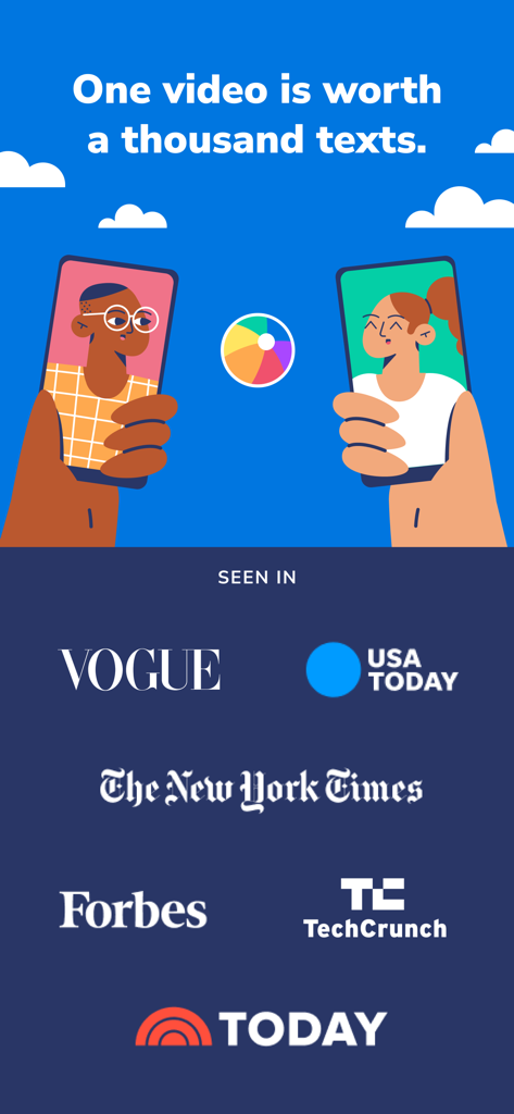 Marco Polo video messenger promotional graphic featuring major media outlet logos and the slogan One video is worth a thousand texts