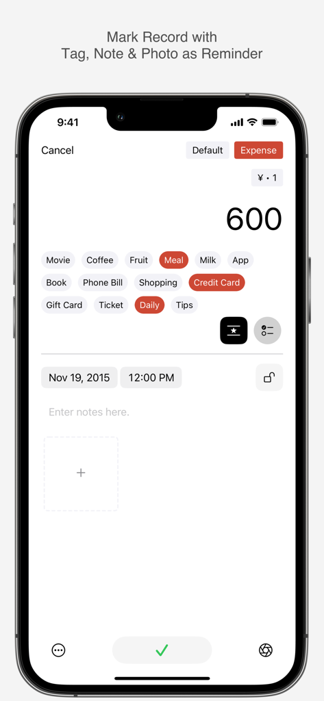 YeNom - YeNom app interface for adding a new expense record with category tags and note options