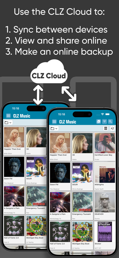 CLZ Music CD / Vinyl database - Interface showing CLZ Cloud syncing and backup features for the CLZ Music app