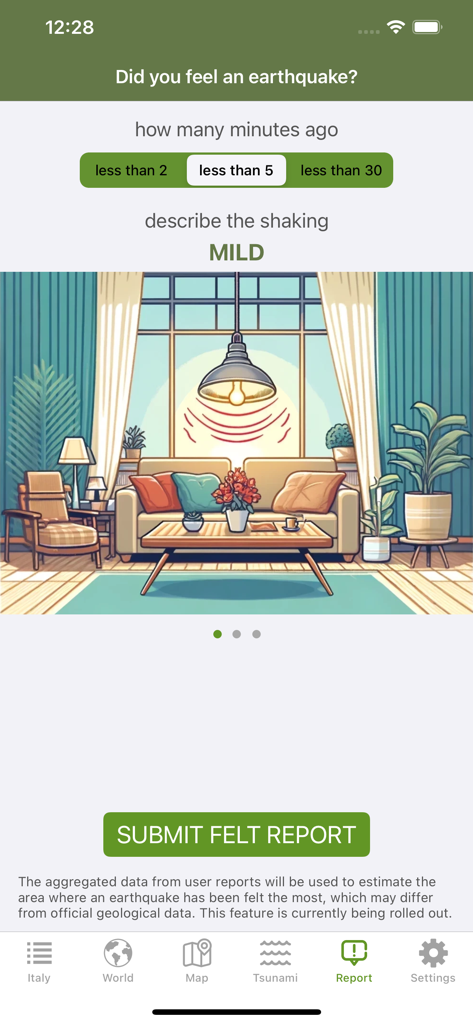 Interface do aplicativo Terremoto para relatar atividade sísmica sentida com nível de intensidade leve