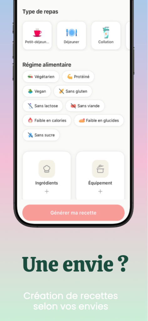 Oshii : Recettes des réseaux - Oshii app interface showing filters for meal types and dietary preferences such as vegan gluten free and high protein to generate recipes