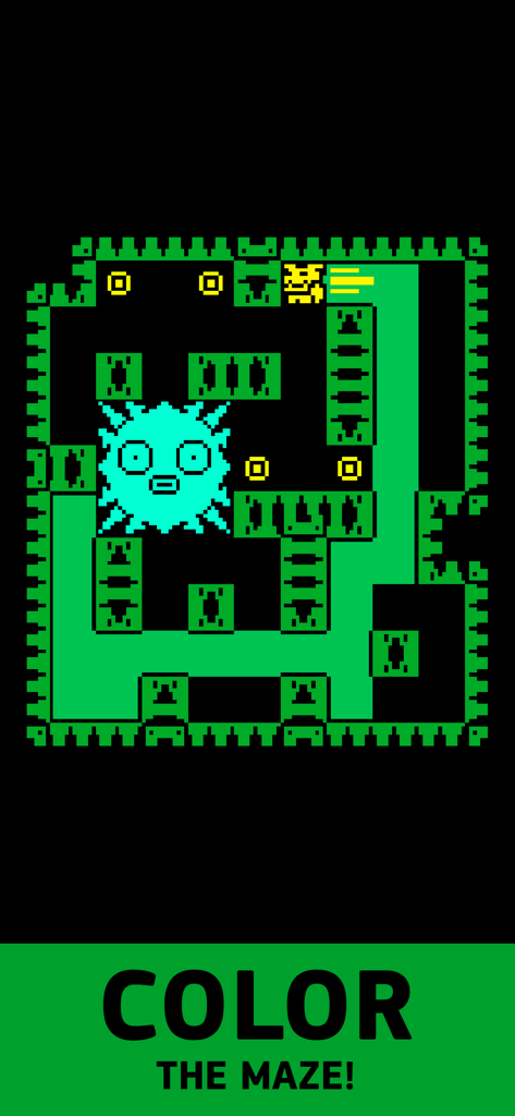 Tomb of the Mask: Color Maze - Personaje amarillo de estilo retro pintando un laberinto de neón verde mientras esquiva a un gran enemigo con púas.