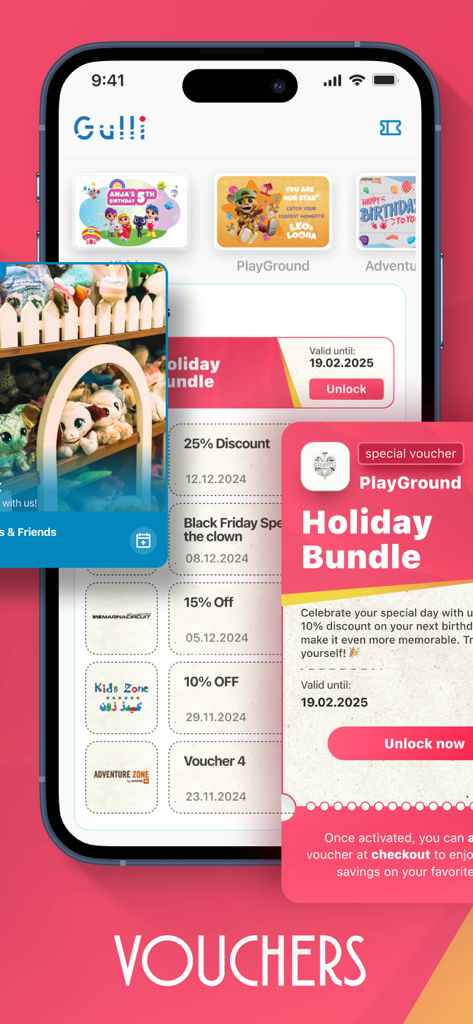 Gulli - Gulli app vouchers screen displaying holiday bundles and discounts for kids activities and adventure zones