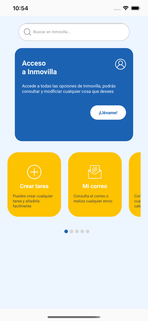 Interfaz principal de la aplicación Inmovilla que muestra botones de acceso rápido para tareas y gestión de correo electrónico