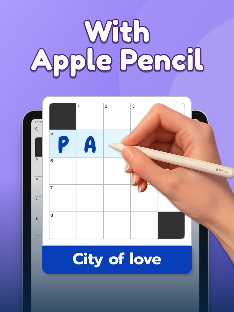Crossword Puzzles Daily - A hand using an Apple Pencil to write letters into a crossword puzzle grid on an iPad.
