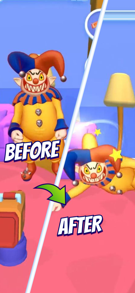 A split screen showing a scary jester standing before being hit and lying knocked down after an attack in Kick Monster.