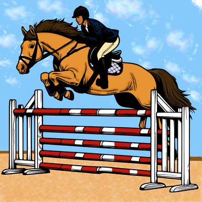 realistic horse jumping over jump with rider