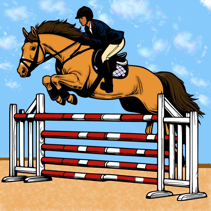 realistic horse jumping over jump with rider