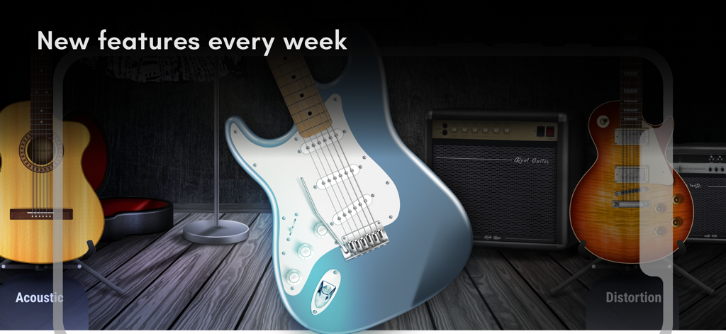 Real Guitar: lessons & chords - Various acoustic and electric guitars with an amplifier in a studio setting highlighting weekly new features