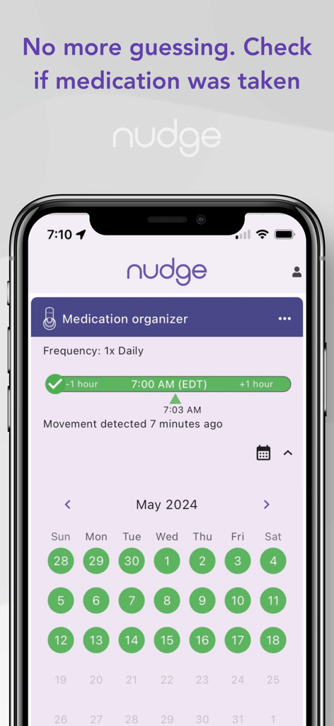 Nudge app interface showing a medication adherence calendar and automatic dose detection status on an iPhone.