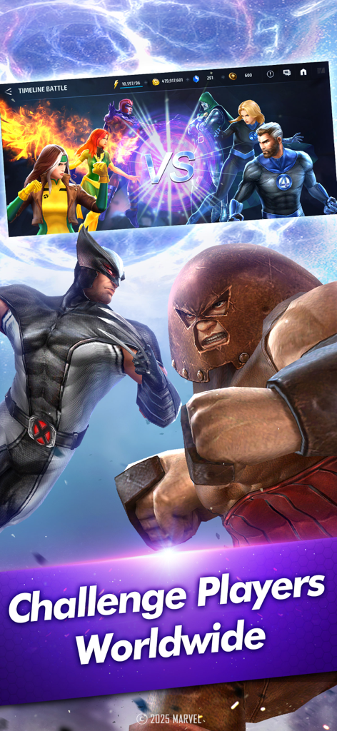 Marvel Future Fight PvP-Modusbildschirm mit Superheldenteams und Wolverine im Kampf gegen Juggernaut