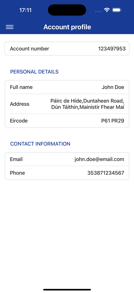 Country Clean Customer App - Account profile screen of the Country Clean app showing personal and contact details