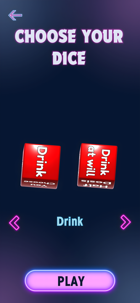 Sex Dice: Explore New Desires - Interfaz para seleccionar el set de dados temático Beber con dados rojos en 3D y un botón de reproducción.