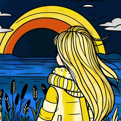 young girl in front of a sunset