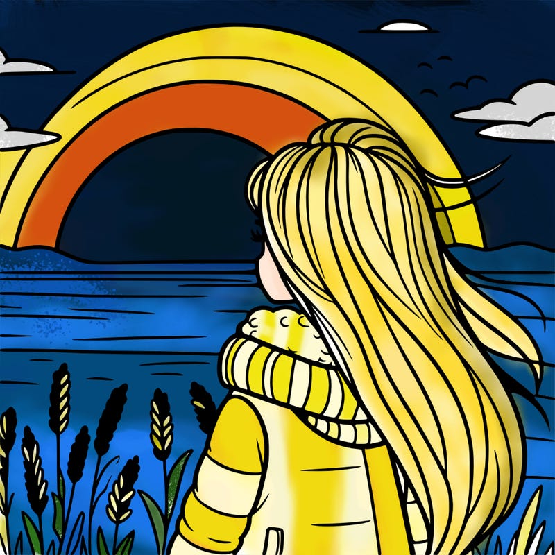 young girl in front of a sunset