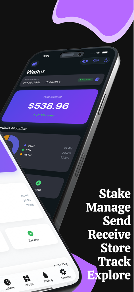 Ethereum Wallet - ETH & Tokens - Interface do aplicativo Carteira Ethereum exibindo o saldo total e a alocação do portfólio com um gráfico de pizza