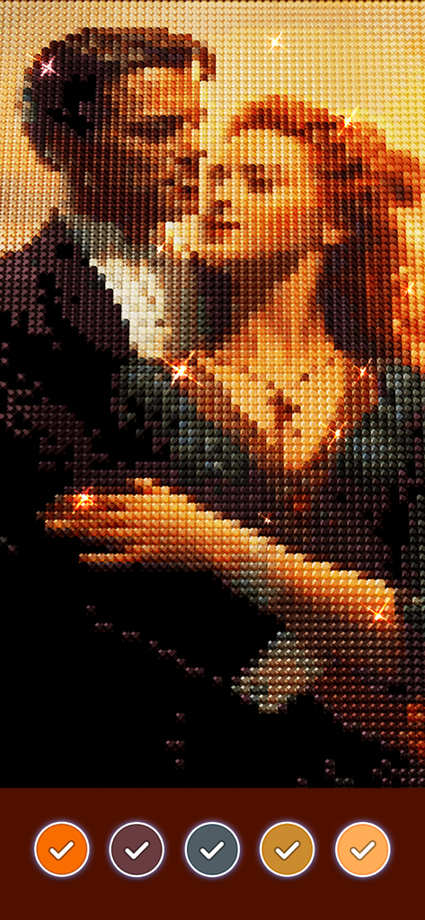 Un diamond painting numérique d'un couple romantique avec des reflets scintillants et une barre de progression des couleurs