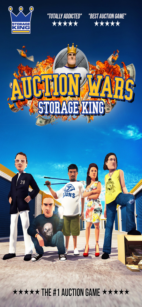 Auction Wars : Storage King - オークションウォーズ ストレージキングのロゴを背景に、ストレージロッカーの前に立つオークション入札者のグループ。