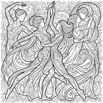 Dive into a world of artistic expression with this exquisite adult coloring page featuring gracefully dancing figures. Each form and the rich background are filled with mesmerizing patterns, offering hours of relaxing and engaging creative activity.