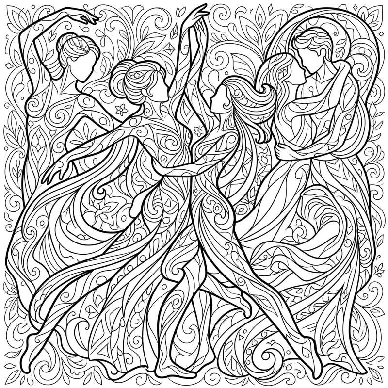 Dive into a world of artistic expression with this exquisite adult coloring page featuring gracefully dancing figures. Each form and the rich background are filled with mesmerizing patterns, offering hours of relaxing and engaging creative activity.