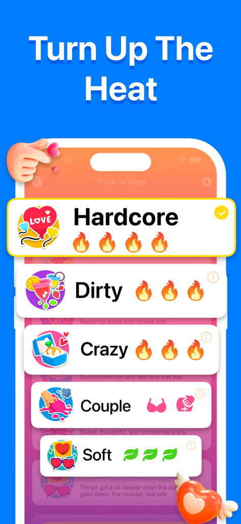 Truth or Dare?Spicy Dirty game - Pantalla de la aplicación Verdad o Reto que muestra diferentes modos de juego de intensidad como Hardcore, Sucio, Loco y Pareja.