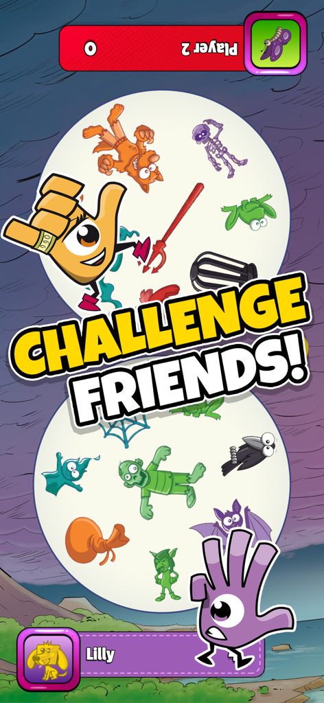 Schermata di sfida a due giocatori di SPOT IT GO con simboli corrispondenti.