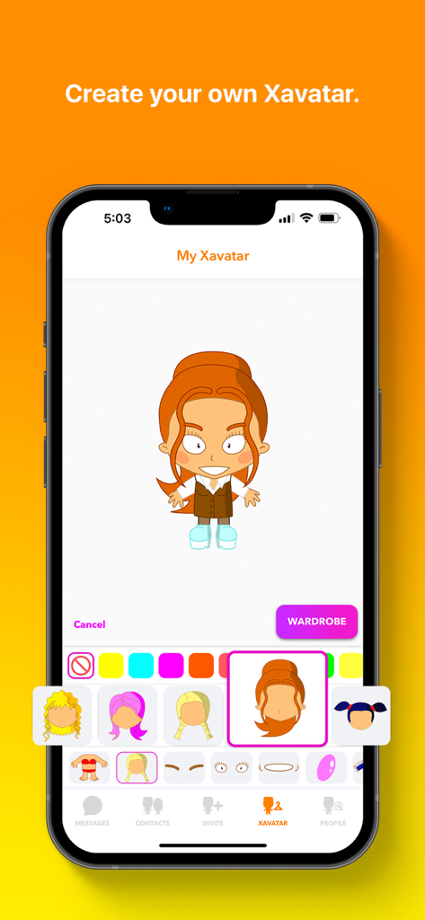 Benutzeroberfläche von Xooloo Messenger für Kinder zeigt den Anpassungsbildschirm zur Erstellung eines personalisierten Cartoon-Xavatars.