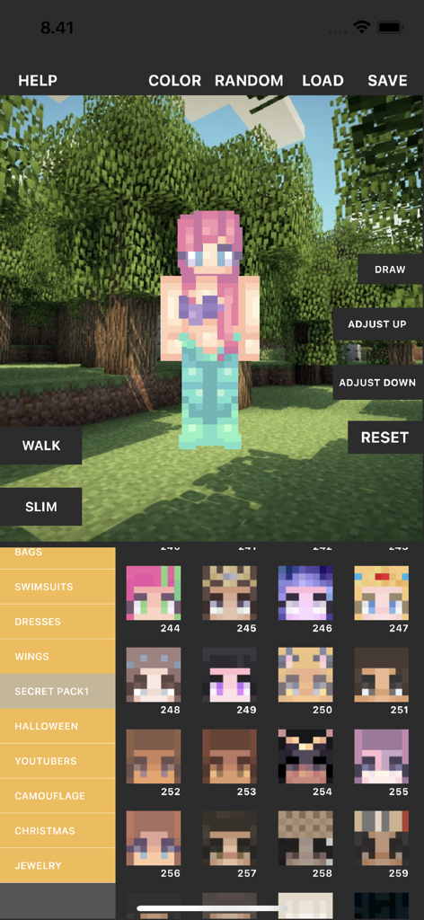 Minecraft custom skin editor showing a mermaid character preview in a 3D forest environment