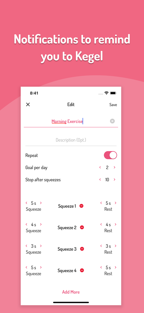 Customizable Kegel exercise routine and notification settings in the Squeeze Time app.