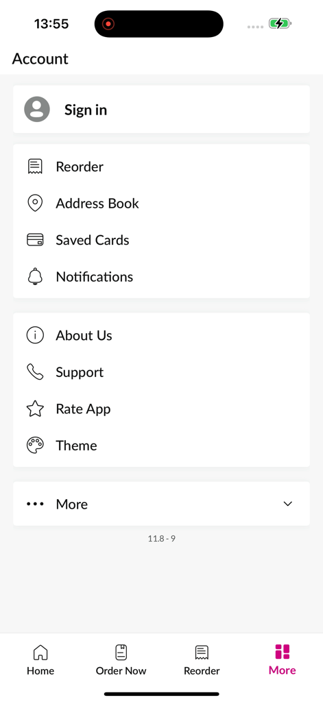 User account and settings menu of the Square Pizza Leeds mobile app