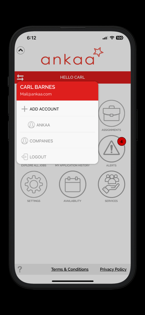 ankaa - Ankaa mobile app interface showing the user account menu and dashboard icons