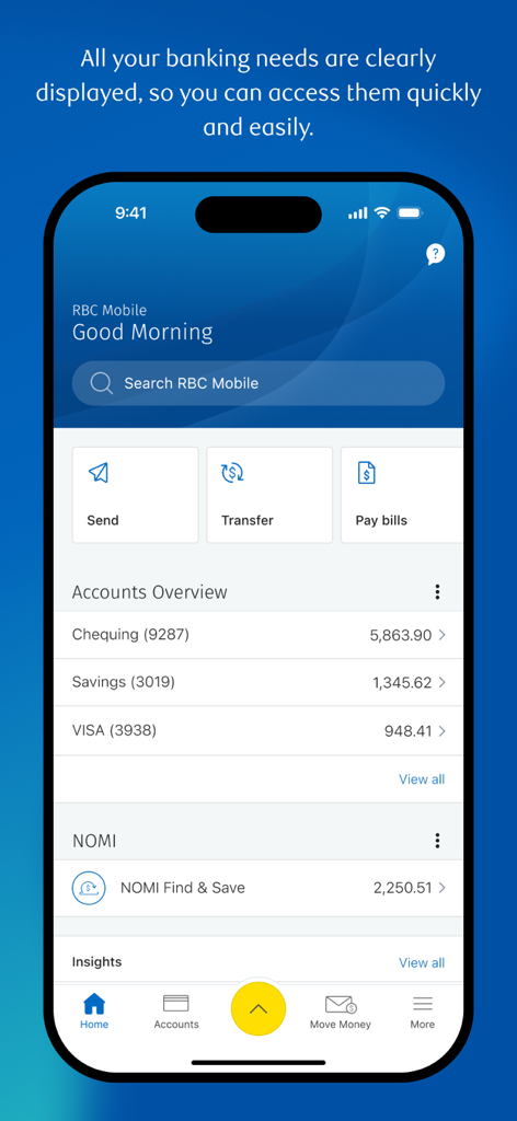 RBC Mobile banking app home screen showing account overview and NOMI financial insights