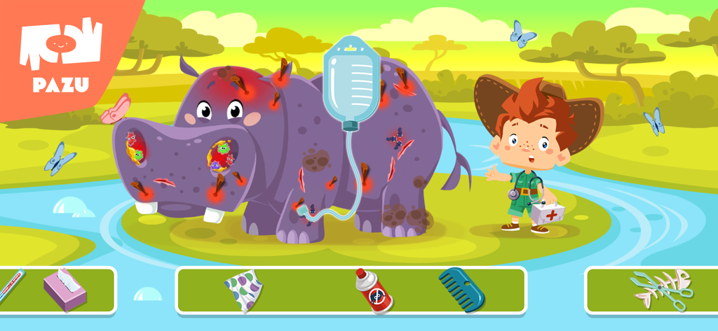 A young vet treating an injured purple hippo in a safari environment with medical tools