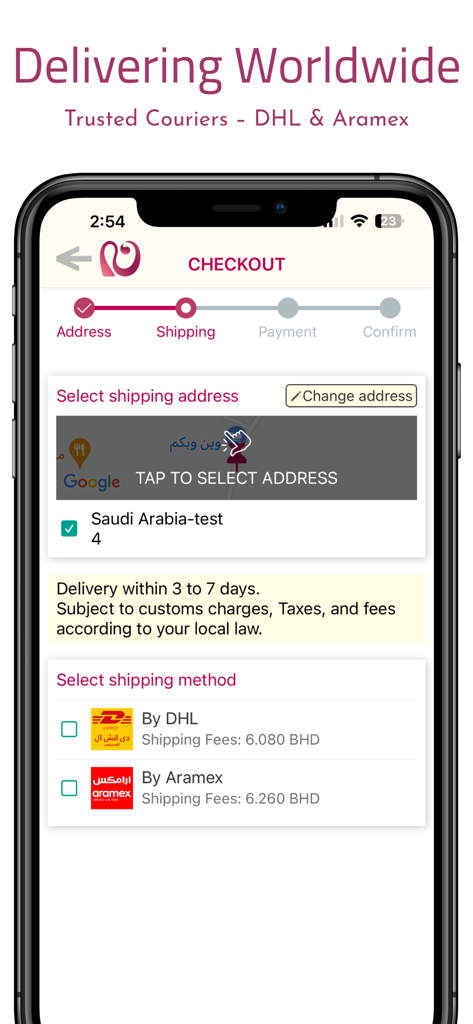 Nasser Pharmacy - Nasser Pharmacy mobile app checkout screen showing international shipping options with DHL and Aramex