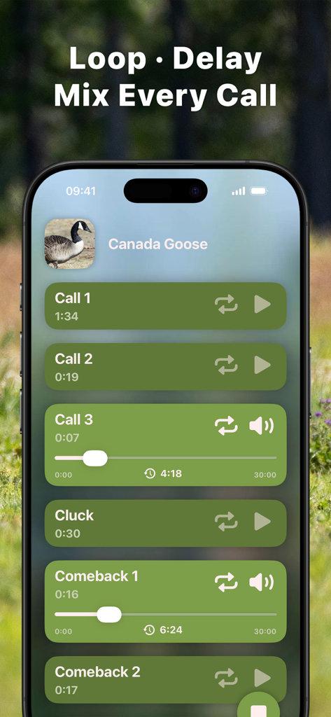 Hunting Calls: Goose - Mobile app interface showing Canada Goose hunting calls with loop and delay settings.