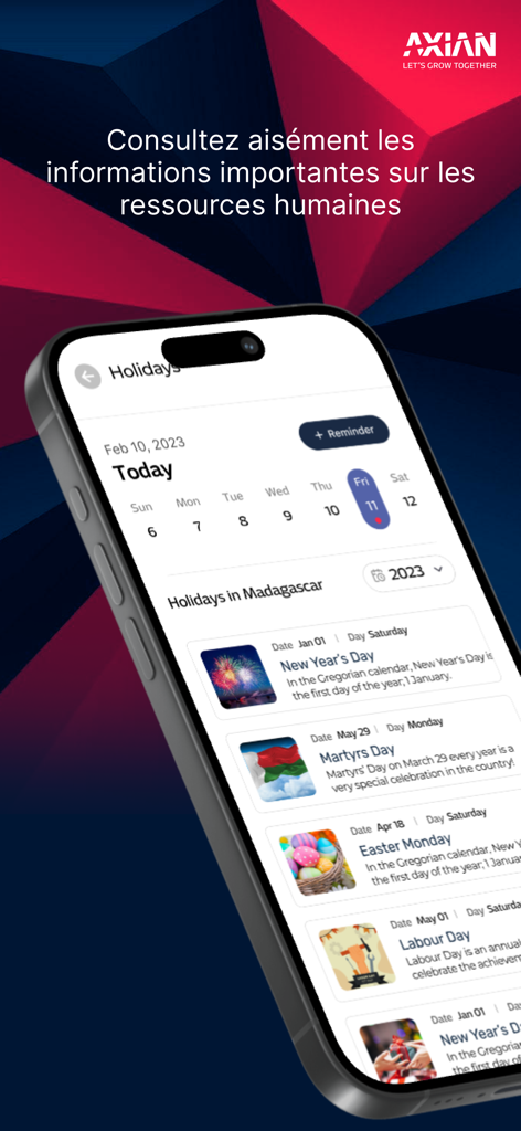 My AXIAN HR - Capture d'écran de l'application My AXIAN HR montrant le calendrier des jours fériés pour Madagascar sur un smartphone