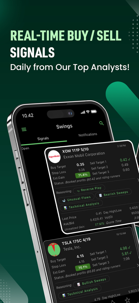 Option Signals - Live Alerts - Mobile app screen showing real-time buy and sell signals for options trading including targets and stop loss.