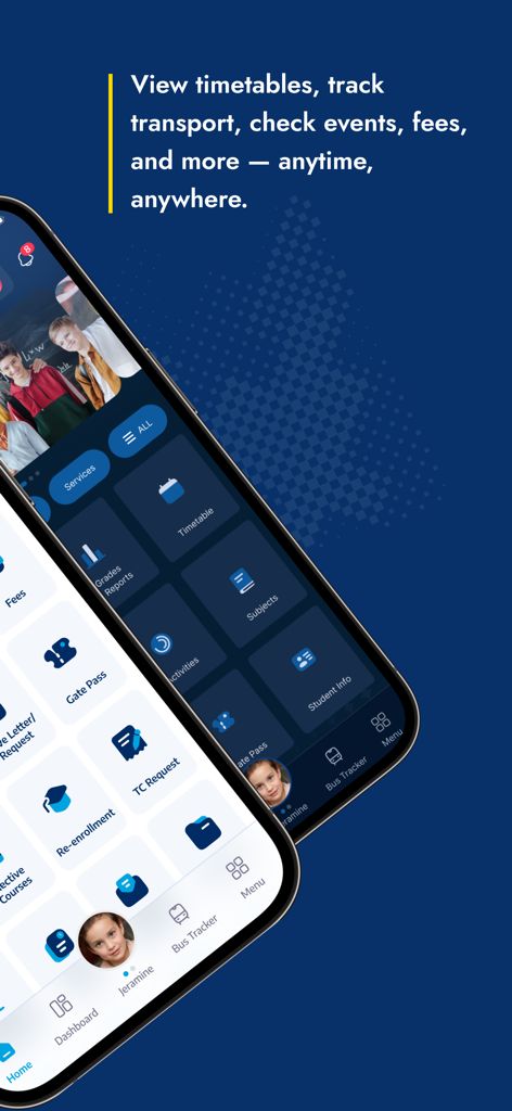 A mobile phone displaying the GEMS Connect app interface with school management features like fees, timetables, and transport tracking.