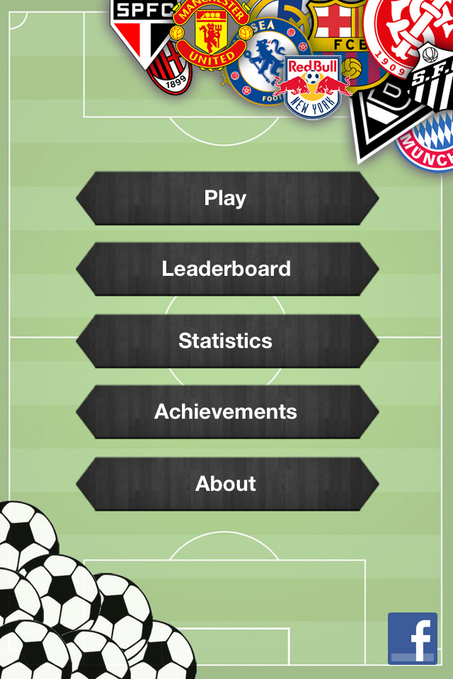 Main menu of Logo Quiz Soccer app featuring buttons for play, leaderboard, and statistics over a soccer field background