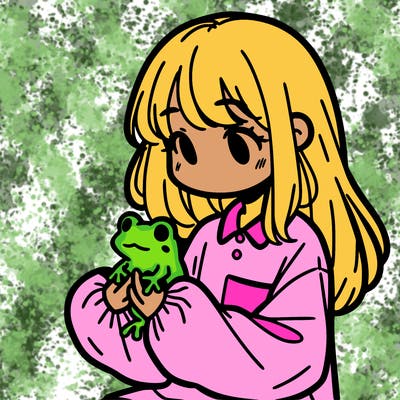 girl with long hair and a oversized shirt. and she is holding a frog
