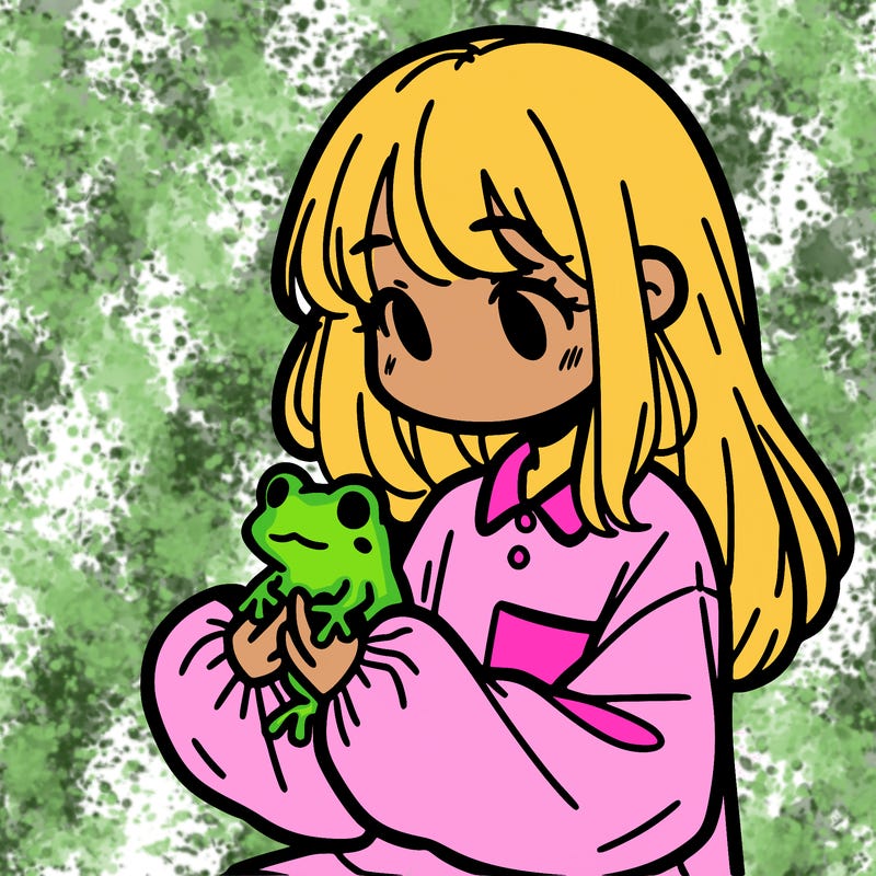 girl with long hair and a oversized shirt. and she is holding a frog