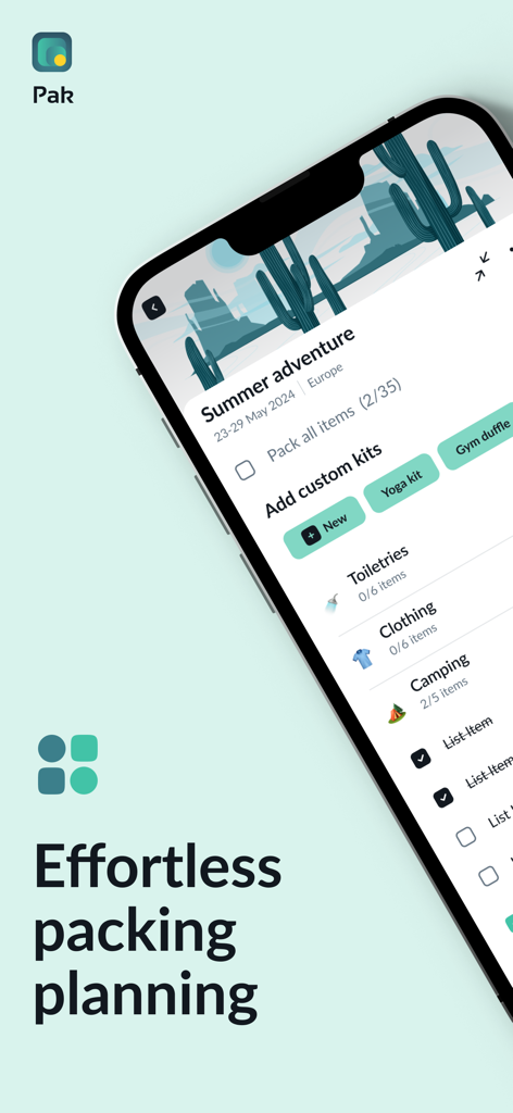 Pak - Travel Packing Checklist - Interfaz de la aplicación de viaje Pak que muestra una lista de equipaje para un viaje de verano con kits personalizados y artículos categorizados