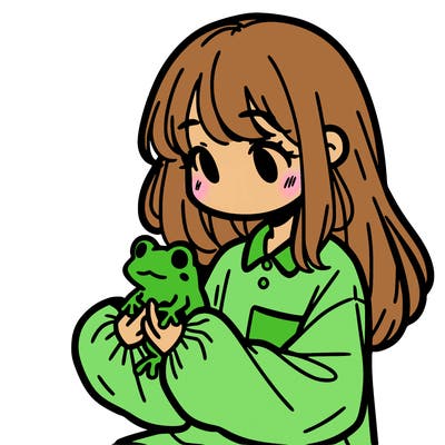 girl with long hair and a oversized shirt. and she is holding a frog
