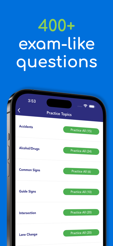 A mobile app screen showing Kentucky DMV practice topics like accidents and road signs with over 400 exam-like questions.