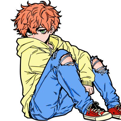 a male hoddie ripped jeans messy hair anime