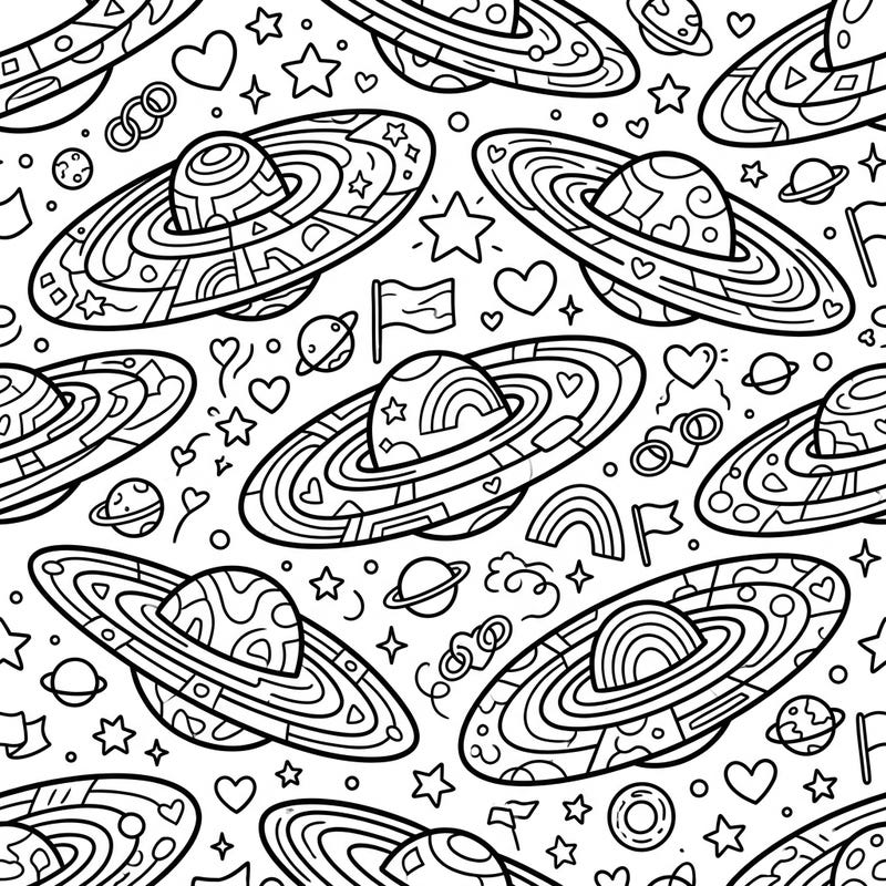Journey through a vibrant galaxy of lenticular planets adorned with symbols of love and diversity. This engaging coloring page is perfect for celebrating Pride Month with a unique celestial twist.