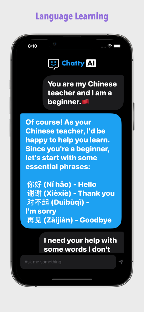 AI Chat! | ChattyAI - Captura de pantalla de la aplicación ChattyAI que muestra una interfaz de chat de aprendizaje de idiomas donde la IA actúa como profesora de chino para principiantes.