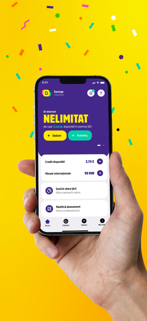 Smartphone che mostra la schermata principale dell'app YOXO con dettagli sull'utilizzo dei dati illimitati e sul credito dell'account