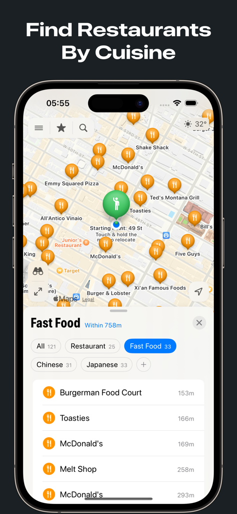 Schermata dello smartphone che mostra un'interfaccia di mappa con marcatori di ristoranti e un elenco di ricerca per categoria di fast food.