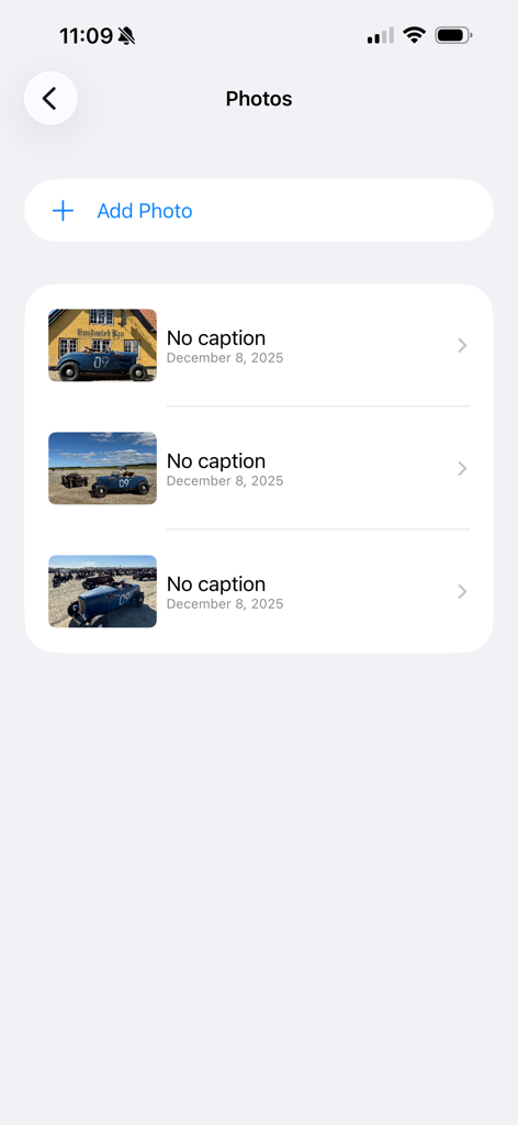 TOYZZ - A minimalist gallery view in the TOYZZ app showing a collection of vintage car photos with upload dates